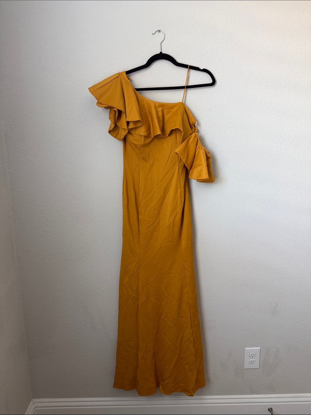 Asymmetric One-Shoulder Ruffle Maxi Dress in Mustard